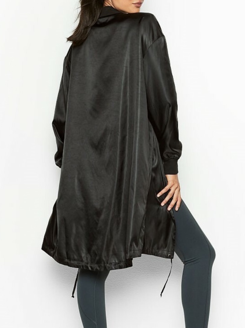 Victoria’s Secret Sport black satin long knee length zip front jacket size small